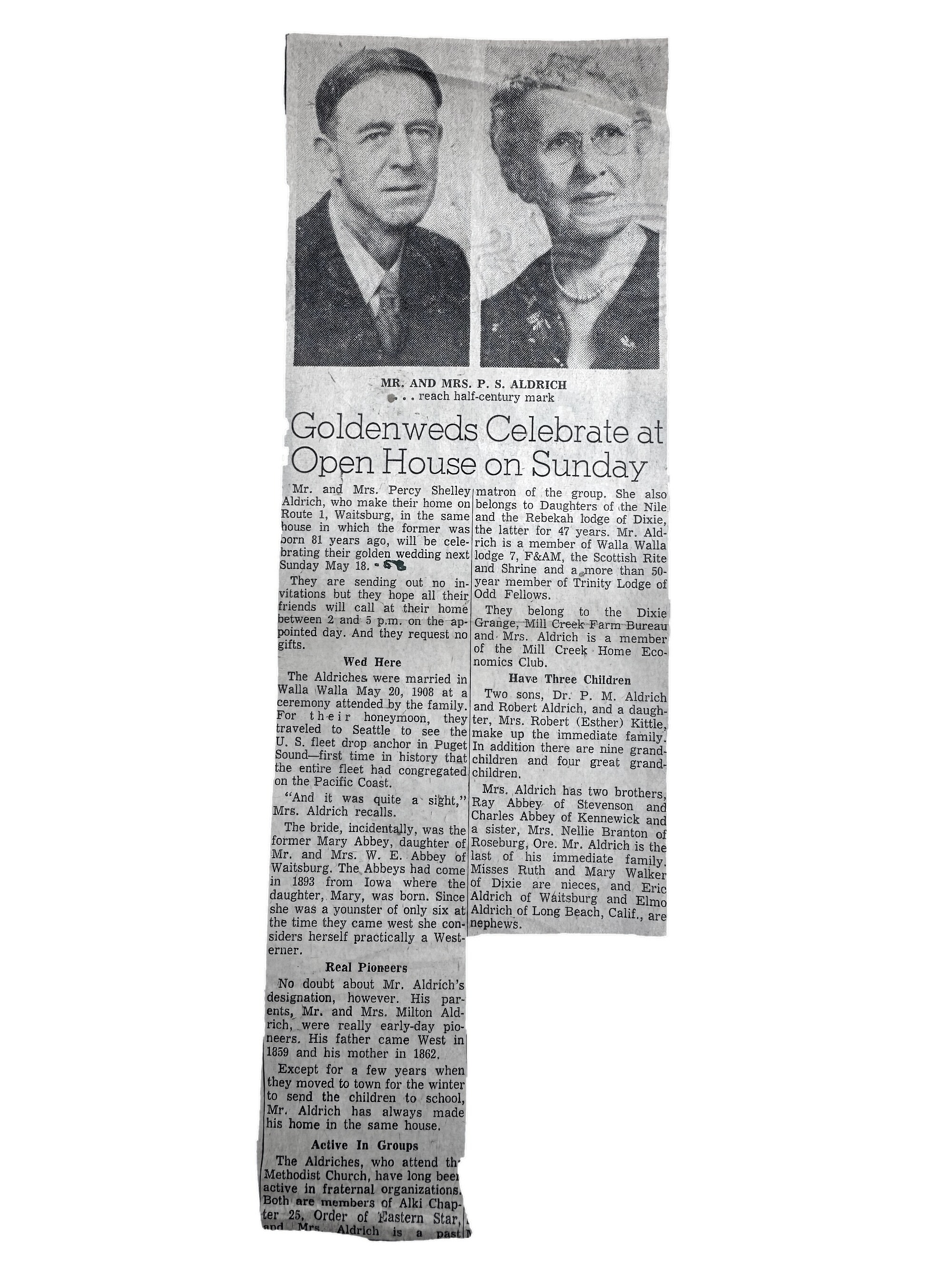 Newspaper clipping: Goldenweds Celebrate at Open House on Sunday, May 1958