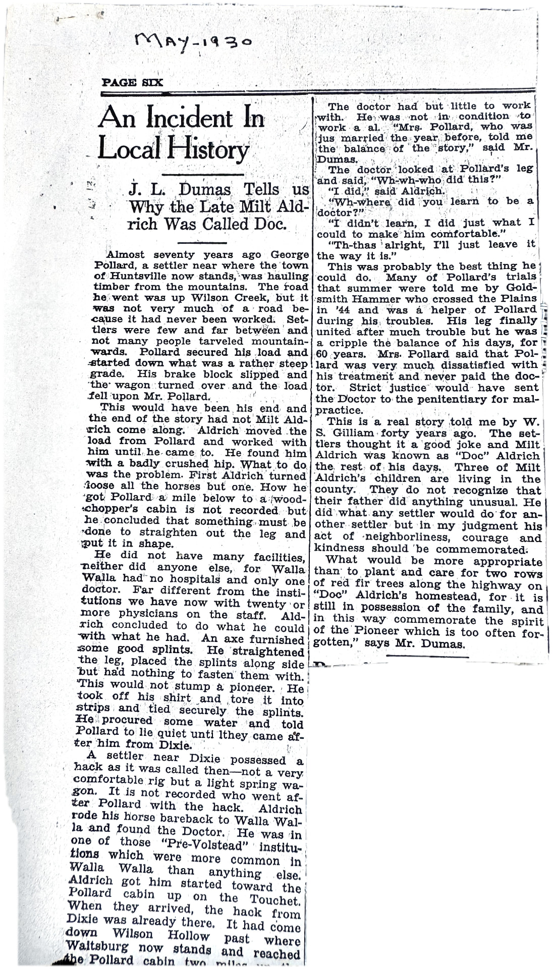 May 1930 newspaper clipping headlined An Incident In Local History