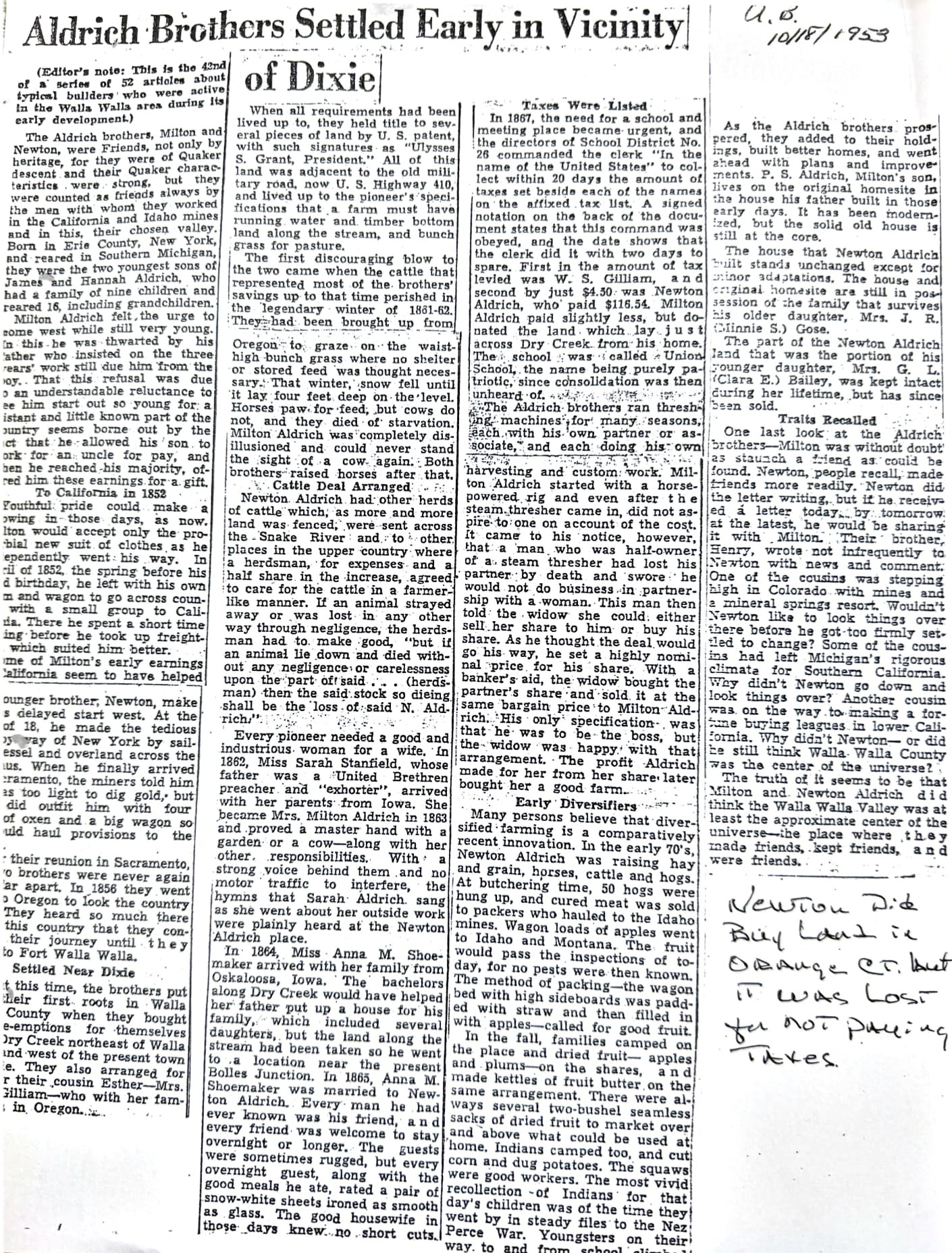 1953 newspaper feature headlined Aldrich Brothers Settled Early in Vicinity of Dixie